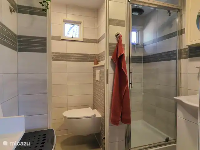 Blick am Sonne | Allemagne, Rhénanie-Palatinat, Mörschied - maison de vacances Salle de bain avec toilettes, lavabo et cabine de douche avec douche à effet pluie