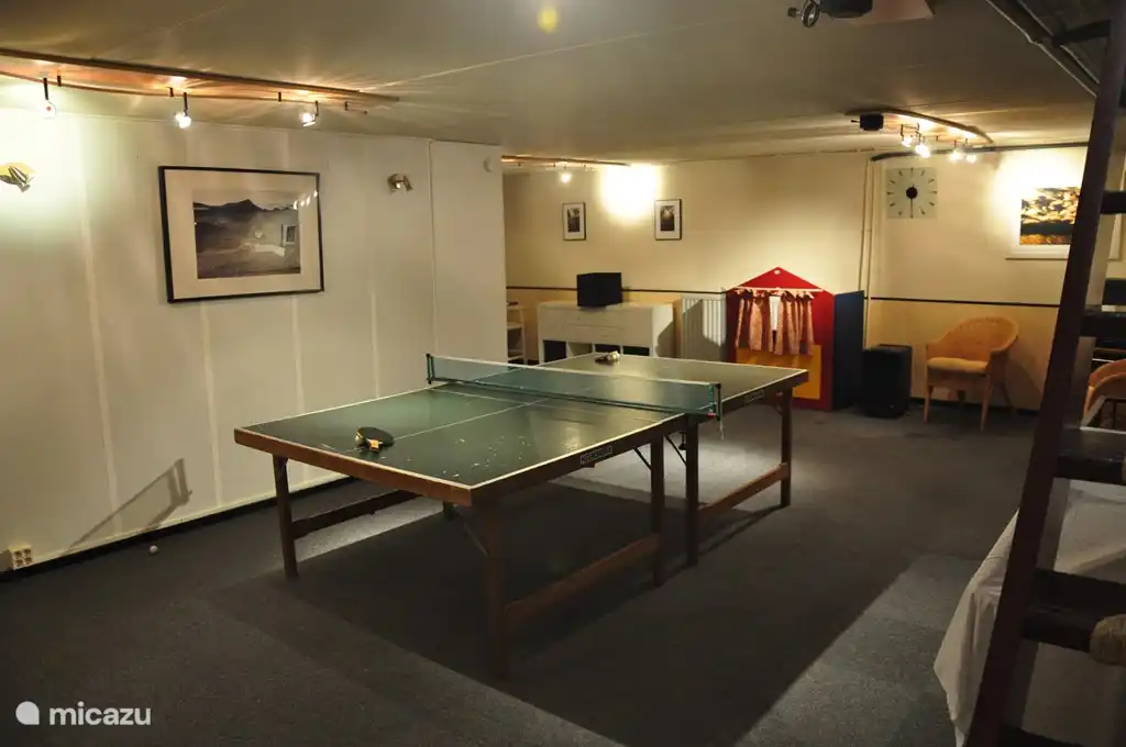 Das geräumige play Keller (50m2) mit Tischtennis, Tischfußball, mid-size Snooker-Tisch, Puppentheater und Videoecke.