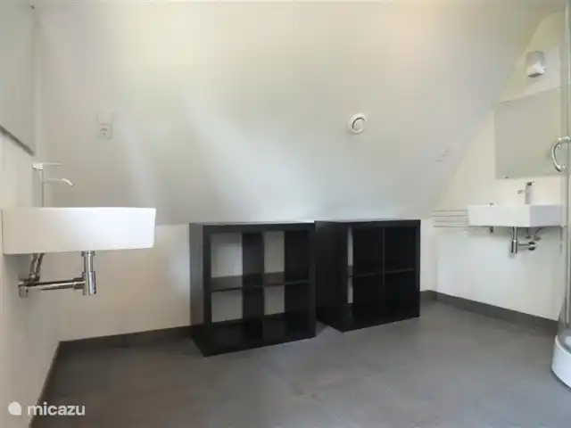Château de la forêt | Pays-Bas, Brabant-Septentrional, Herpen - maison de vacances Salle de bain avec 2 lavabos séparés et armoires de rangement.