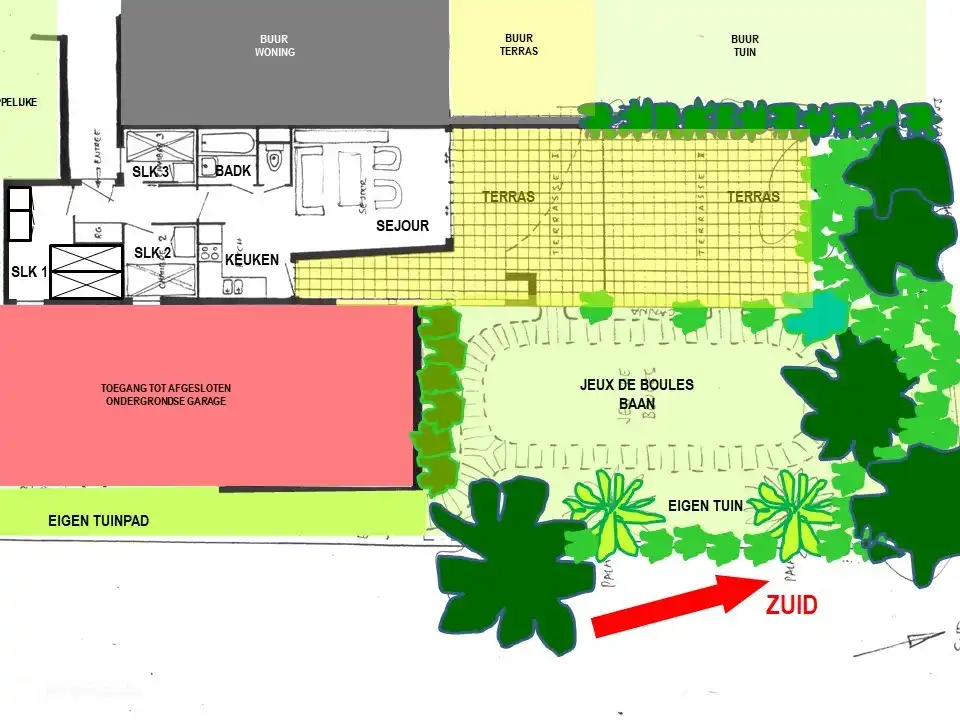 Karte von Haus, Terrasse, Jeux-de-Boule-Platz und Garten