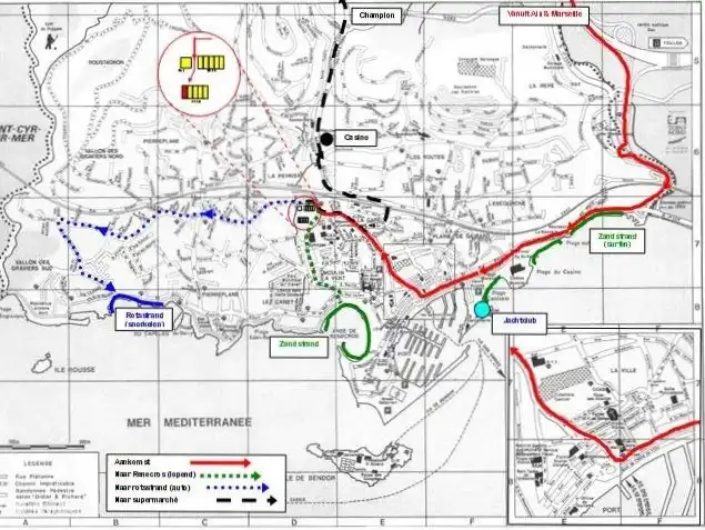 Karte von Bandol, mit der Route in Rot bei der Ankunft, in Grün die Wanderroute zum Sandstrand in der Bucht von Renecros, in Blau die Route zum Felsstrand Av du Litoral und in Schwarz die Route zum Supermarché Casino (mit 1 km weiter der Supermarkt Carrefour)
