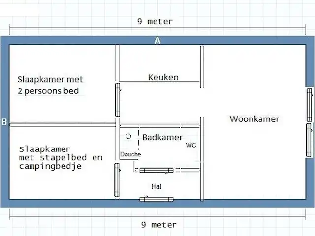 Location de Vacances Pays-Bas, Zélande, Baarland, bungalow - Bergeronnette grise Scheldeoord Plan d’étage du chalet.