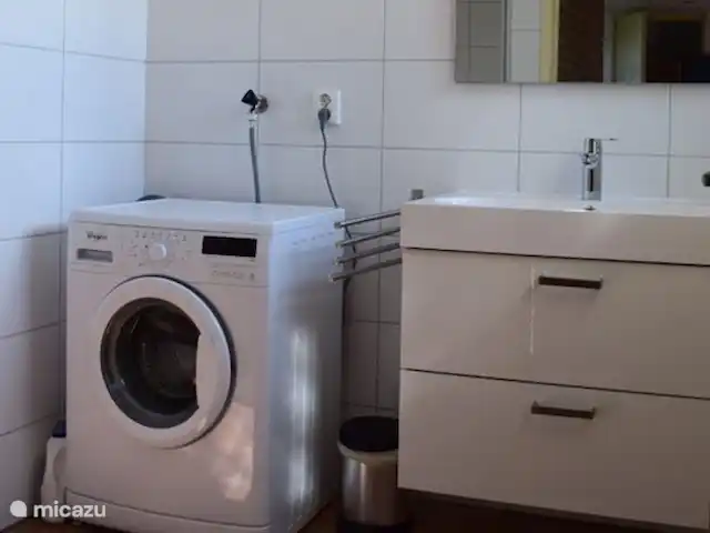 vakantiehuis huren in Nederland, Friesland, Grouw – Heerlijk vakantiehuis aan het water Badkamer met grote wastafel en wasmachine