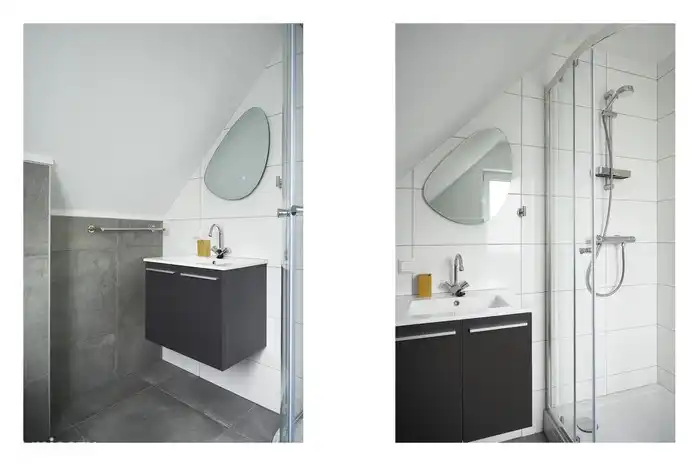 Das neue Badezimmer im Obergeschoss mit Dusche, WC und Waschbecken.