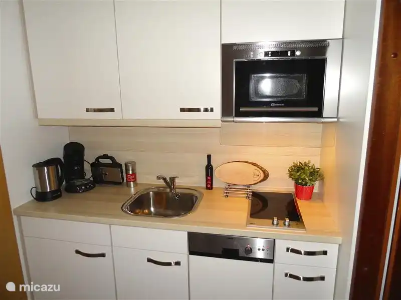 The kitchen is equipped with cooler-freezer, microwave and 2 ring ceramic hob. Obviously the dishwasher is not lacking. The kitchen we have the same design as the design of the living room and sleeping area.