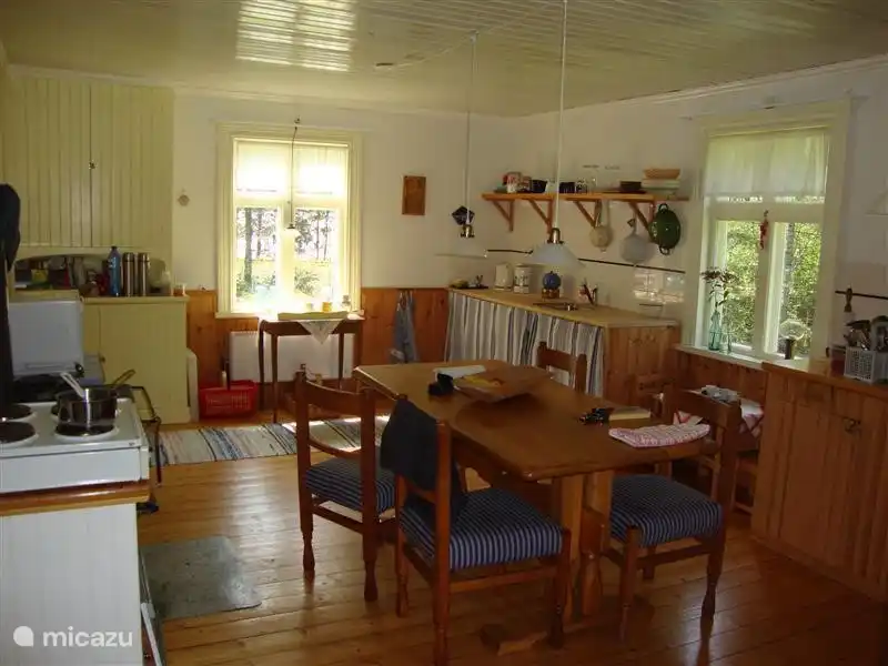 gemütliche Küche. Voll ausgestattet. Geschirrspüler, Backofen und vier Kochplatten.