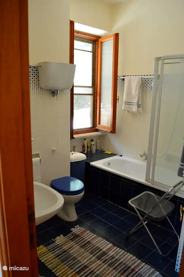 El espacioso cuarto de baño 'azul' con bañera, ducha, bidé e inodoro