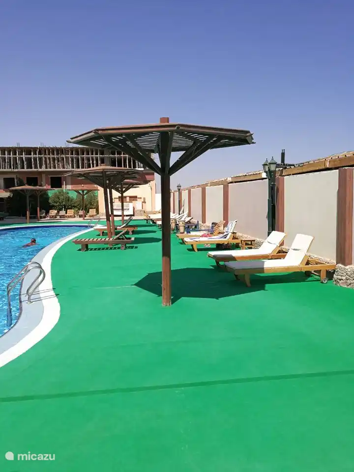 La piscine dispose d'une terrasse où vous pourrez manger et boire