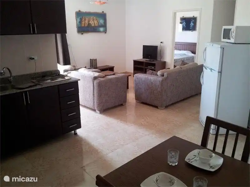 La cuisine contient une double plaque de cuisson, une bouilloire et une cafetière. De plus, il y a aussi un réfrigérateur-congélateur et un micro-ondes.