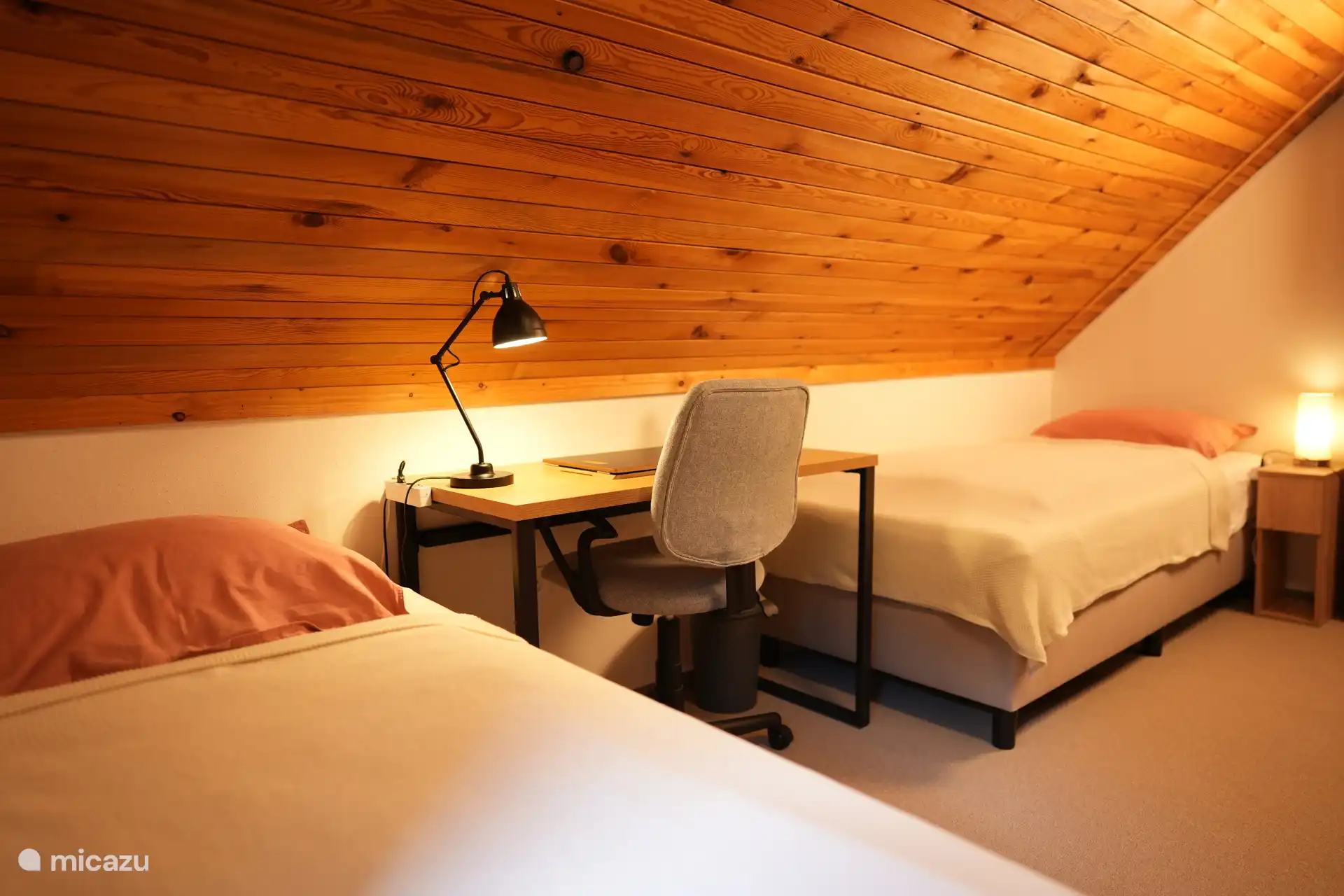 Schlafzimmer mit Schreibtisch und 2 Einzelbetten. 