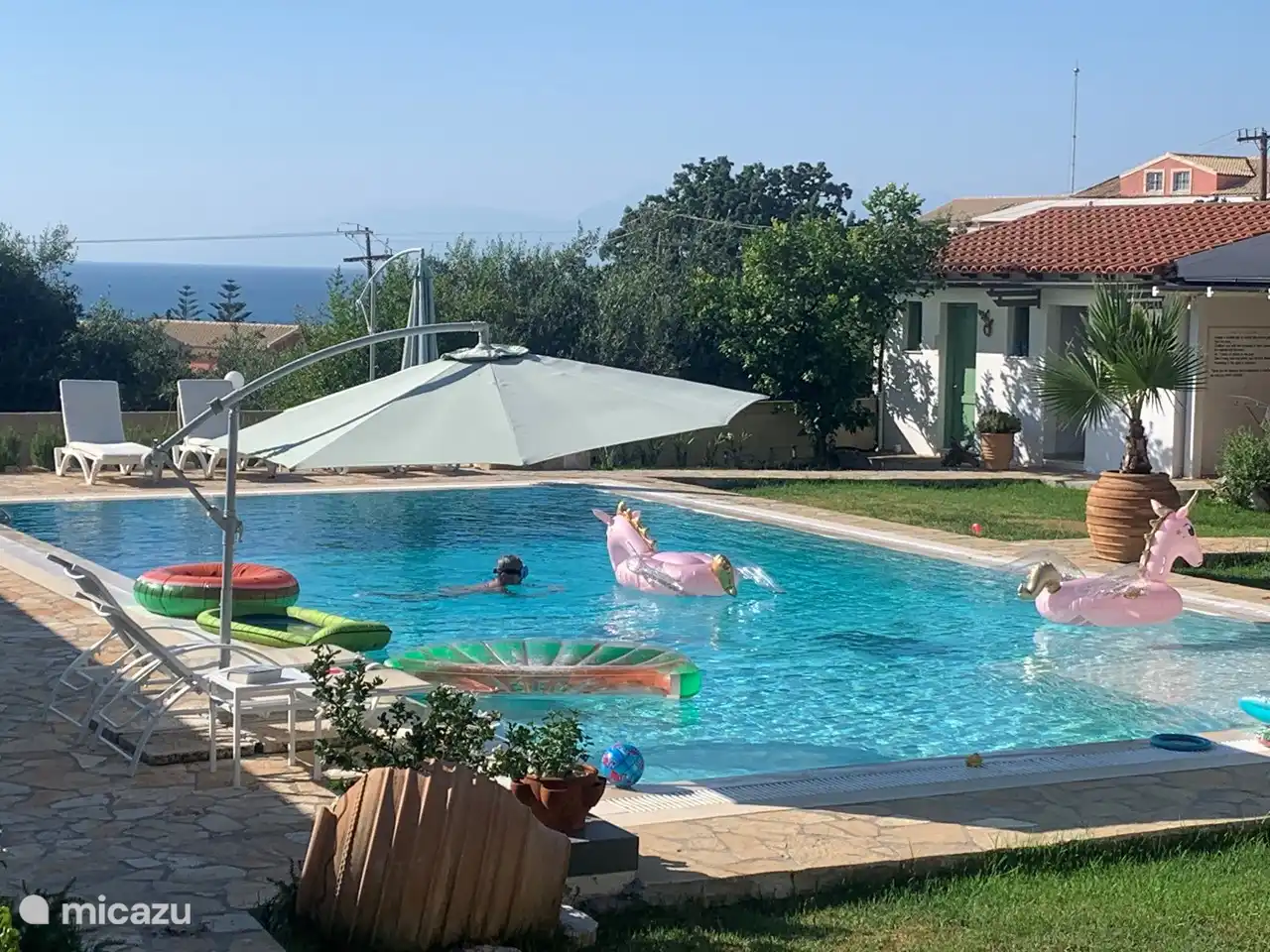 Blick auf den Pool und die Hüttendusche