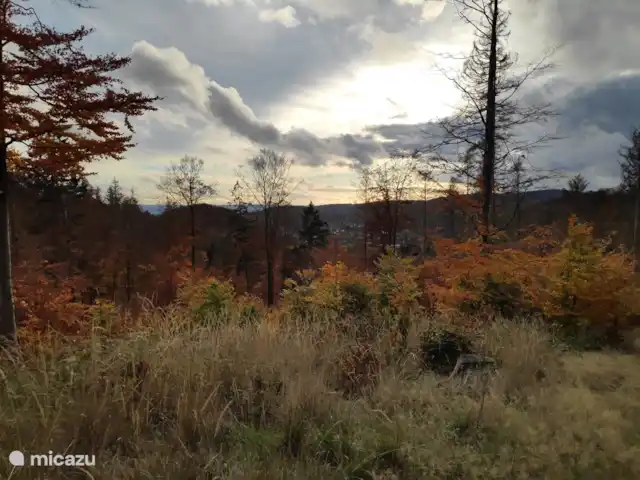 Wieda en Alemania, Baja Sajonia, Wieda - casa vacacional Vista de Wieda desde la montaña detrás de la casa con hermosos colores otoñales.