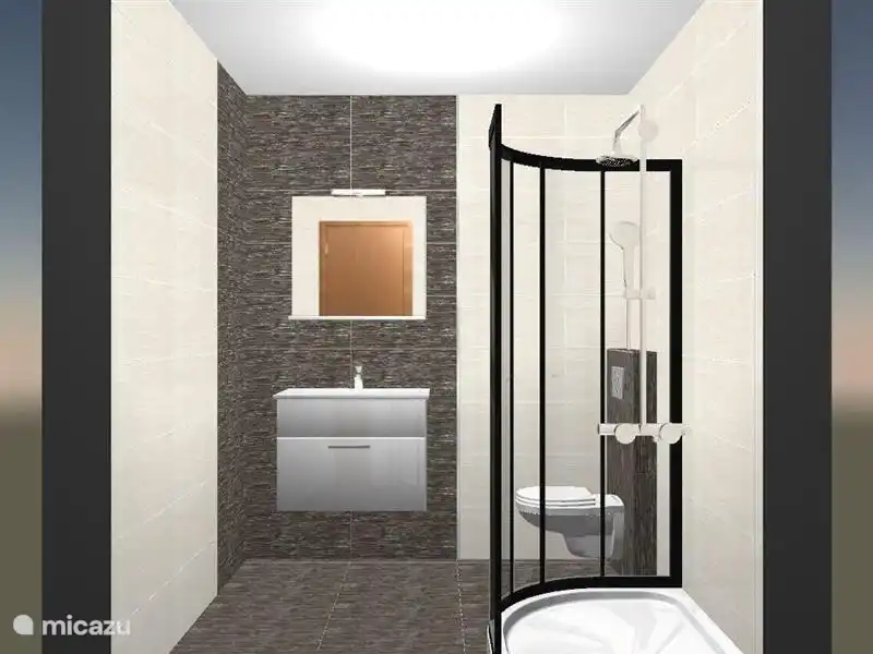 Dieses Badezimmer ist für die Gäste des zweiten Schlafzimmers und des zusätzlichen Schlafplatzes. WC, Duschkabine und Waschbeckenmöbel.