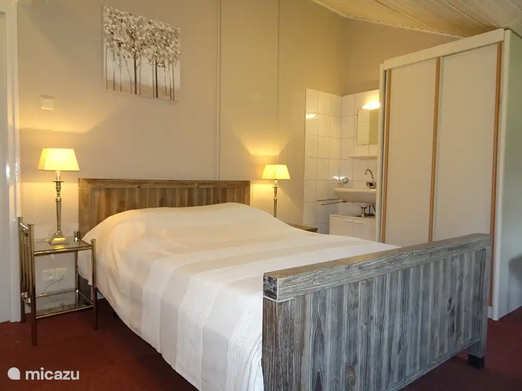 slaapkamer  1met nieuw twee persoons  bed  , nachtkastje, wastafel  en een ruime kledingkast.