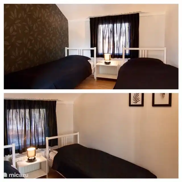 La chambre du milieu. Avec une télévision et 2 lits simples qui peuvent bien sûr aussi être rapprochés.