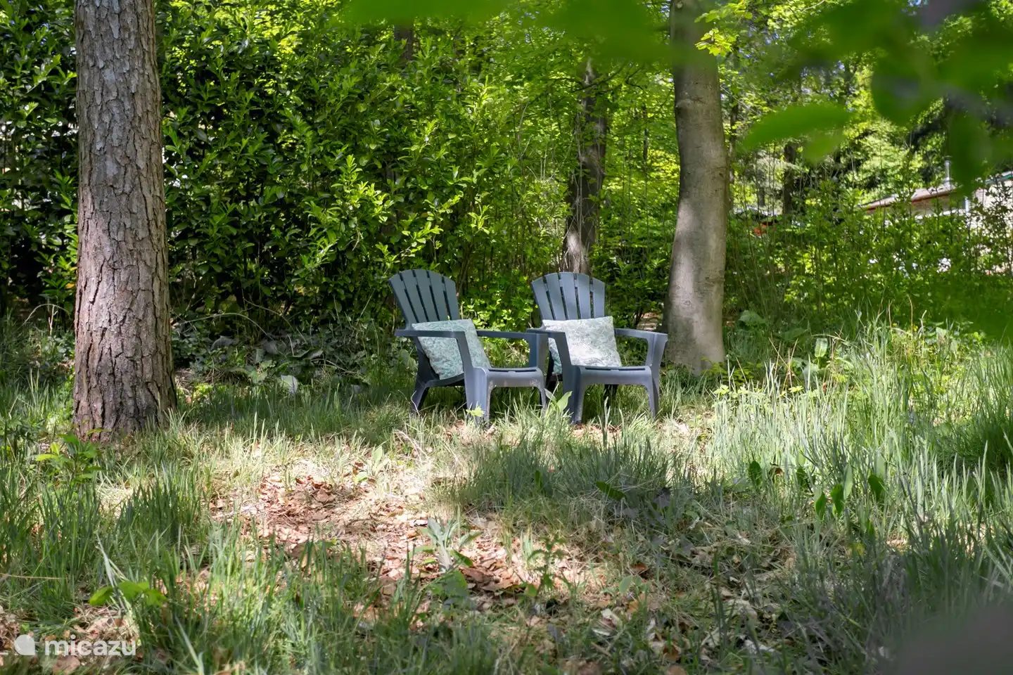 Garten mit Sitzgelegenheiten unter den Bäumen