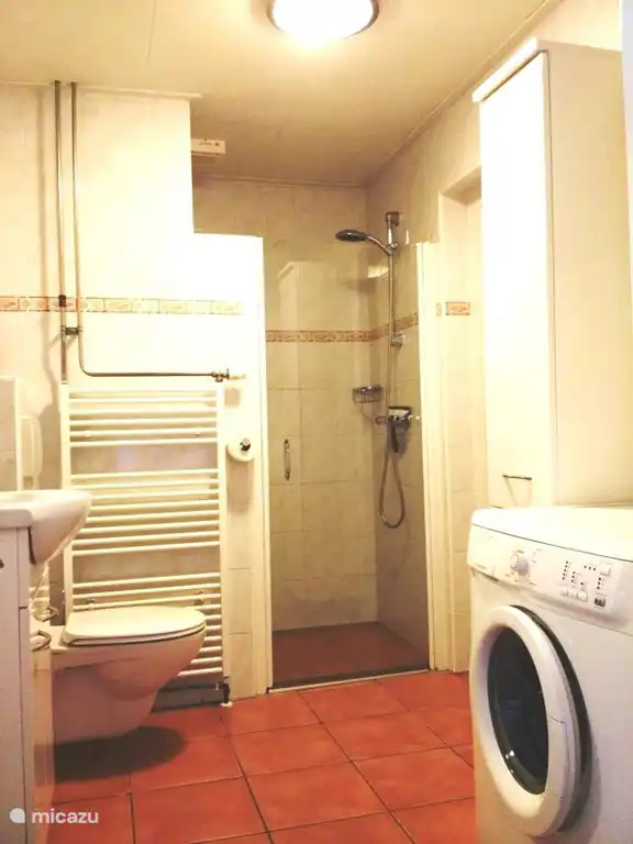 Badezimmer mit Dusche, Waschmaschine und Schrank mit Handtücher etc.