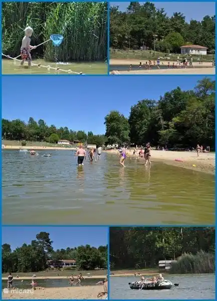 Der See mit Rasenflächen und Sandstrand. Am See auch im Clubhaus.
