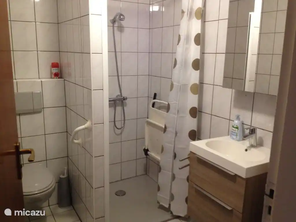 Die Dusche ist mit einer Toilette mit Haltegriffen ausgestattet. Die Dusche hat einen niedrigen Eingang und verfügt über eine Duschklappsitz. Der Boden verfügt über eine Fußbodenheizung.
