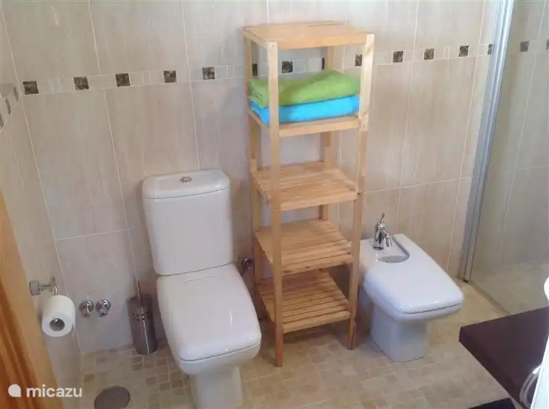 Here you see the en-suite bathroom with a luxury shower on the right with a tiled seat.