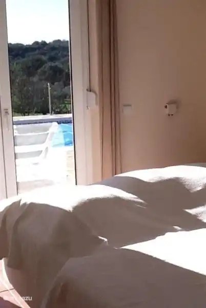 bedroom with views and access to the pool