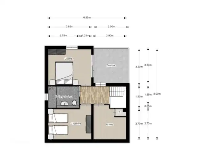 villa huren in Frankrijk, Ardèche, Vallon-Pont-d'Arc – Villa Marron 47 Plattegrond van de eerste verdieping met twee slaapkamers, een was en droogkamer, een eigen inpandig terras en eigen badkamer en toilet.