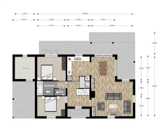 villa huren in Frankrijk, Ardèche, Vallon-Pont-d'Arc – Villa Marron 47 Plattegrond van begane grond met twee slaapkamers en ook hier een eigen badkamer en een afzonderlijke toiletruimte. Details wijken iets af, zo is onze villa uitgebreid met 30m2 overdekt terras.