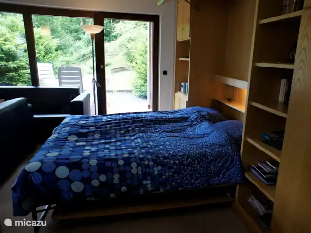 Location de Vacances Allemagne, Sauerland, Elpe, appartement - Hochsauerland Elpe Flussblick Dans le salon, il y a un lit jumeau confortable, qui peut facilement être replié dans le mur du placard.
Ce n'est pas un canapé-lit mais un lit très confortable à part entière. Vous pouvez simplement laisser votre linge de lit dessus lorsque vous pliez le lit.