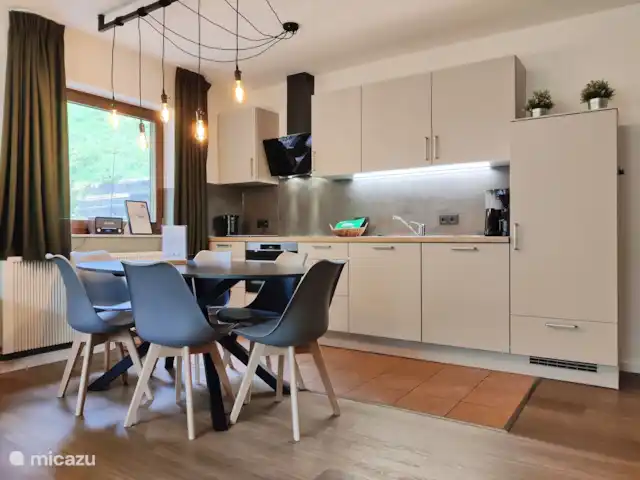 Location de Vacances Allemagne, Sauerland, Elpe, appartement - Hochsauerland Elpe Flussblick Cuisine neuve (2024) avec cuisinière à induction, grand réfrigérateur, lave-vaisselle, micro-ondes et four.
