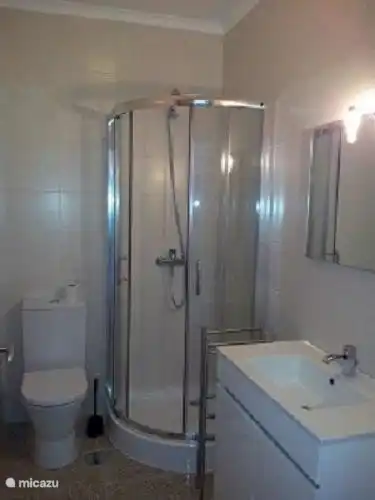 One of the three bathrooms. This bathroom has a shower, toilet and sink.