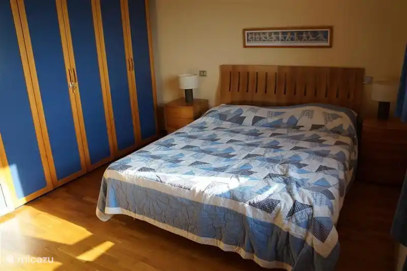Blue bedroom with wardrobes.