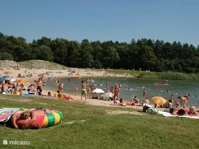 Mezennest 79 | Pays-Bas, Gueldre, Nunspeet - bungalow Le lac de sable, joli lac de baignade au milieu de la forêt, n'est qu'à 5 minutes à pied. Plage de sable, aire de jeux aquatiques et beaucoup de plaisir aquatique