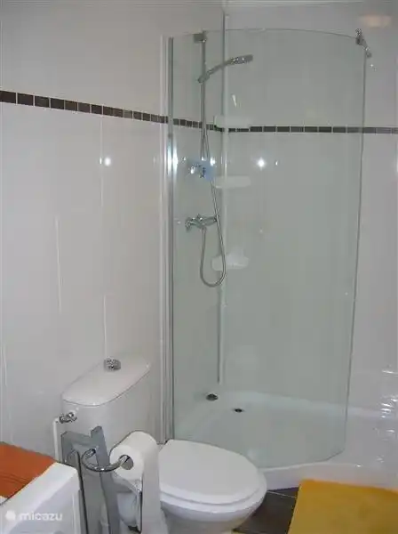 modern bathroom with double sink, toilet and shower