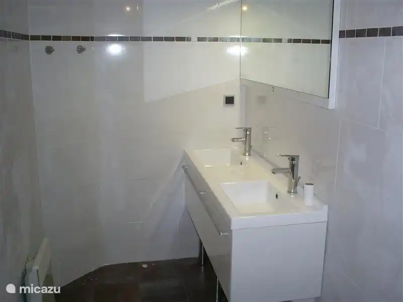 modern bathroom with double sink, toilet and shower