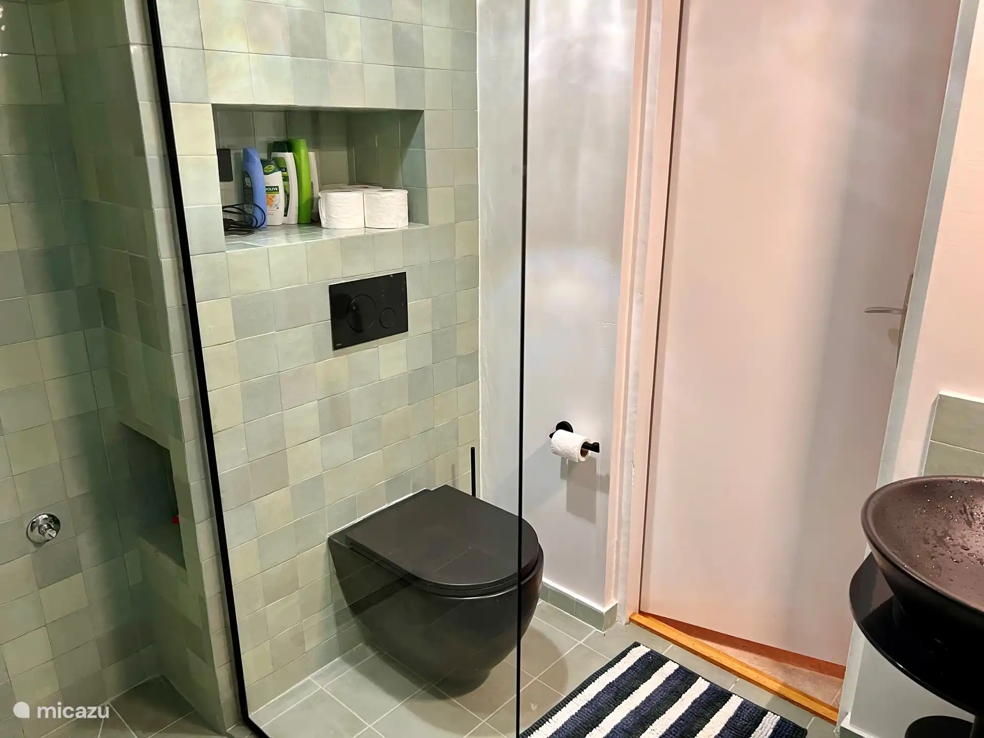 Salle de bain avec douche à l’italienne et toilettes.