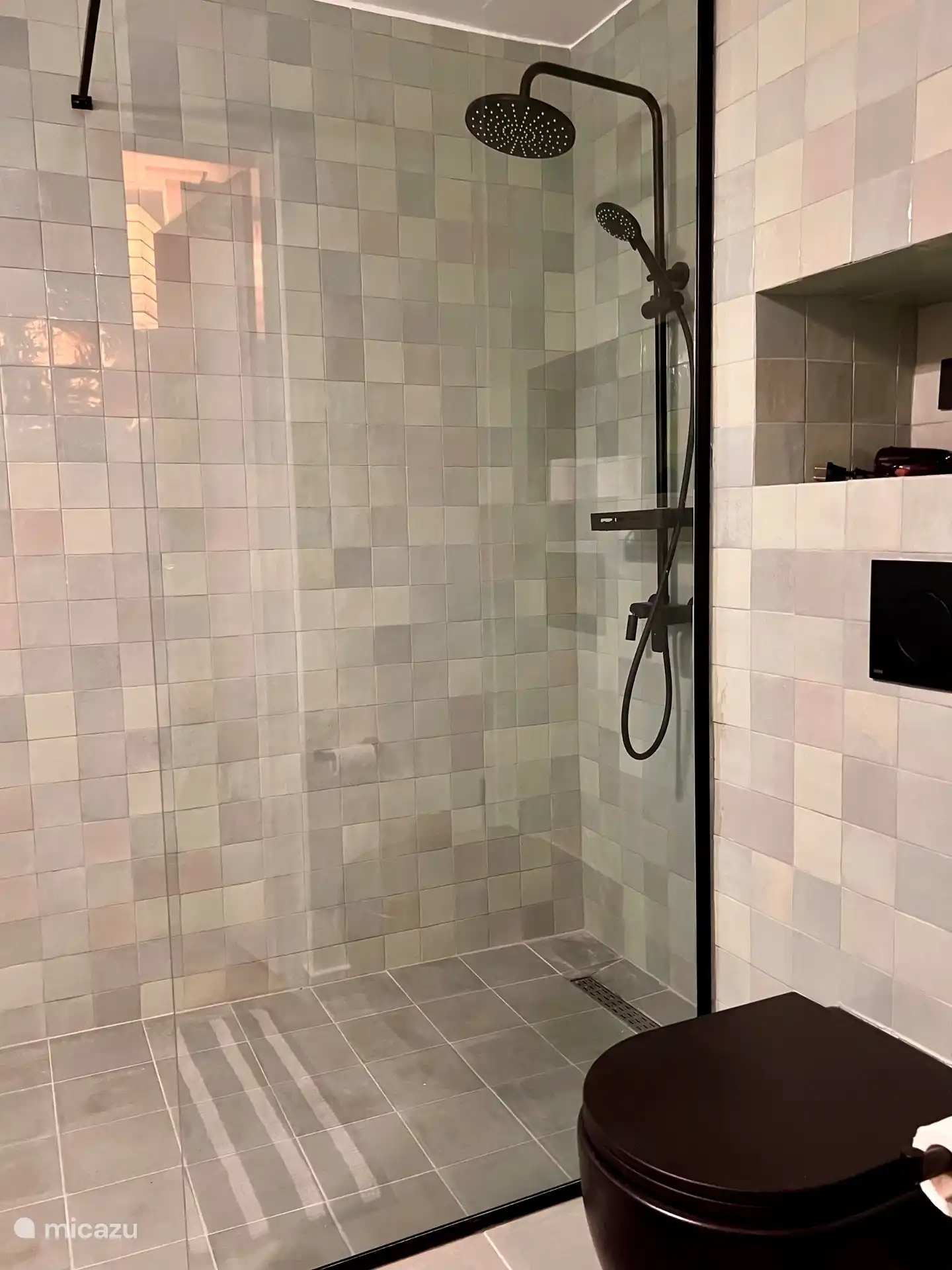 Salle de bain (rénovée en 2024) avec douche à l’italienne et toilettes.