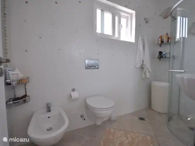 Villa individuelle de luxe Livadia | Grèce, Péloponnèse, Kantia - villa Salle de bain Athéna, WC, bidet, douche hydromassante, lavabo. La mosaïque au mur se compose de 2 grands coquillages et de divers autres détails tels que des mini coquillages autour des deux grands miroirs.
