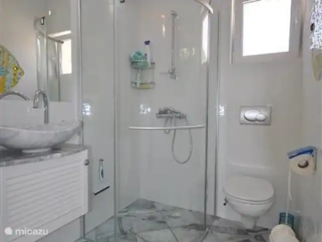Villa individuelle de luxe Livadia | Grèce, Péloponnèse, Kantia - villa Salle de bain Veronica, lavabo, douche massante et toilettes.
La mosaïque de cette salle de bain représente un beau poisson-lune dans des tons chauds.