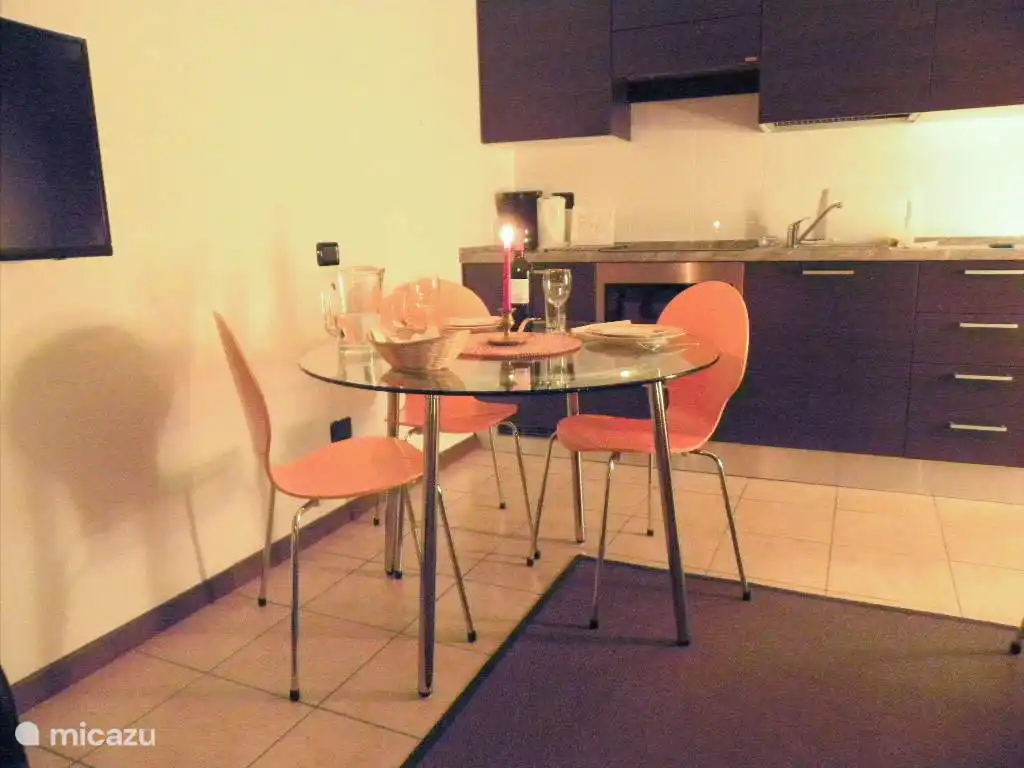 El apartamento está amueblado de forma moderna con una cocina abierta.