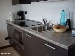 La cocina abierta está amueblada de forma moderna con placa de inducción, grill / microondas, cafetera, tetera, tostadora y similares.