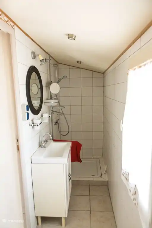De badkamer heeft links de wastafel en de douche...