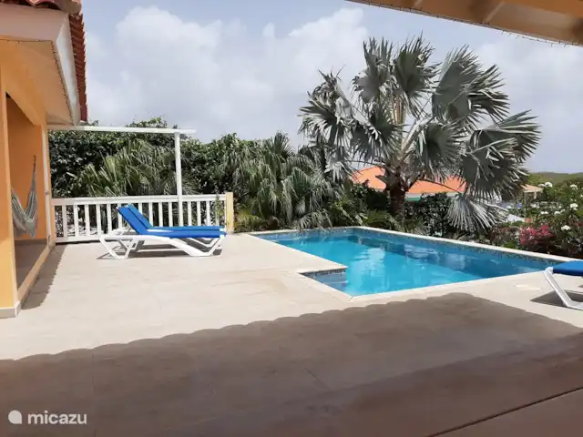 Villa Kas Tribon met privé zwembad huren in Curaçao, Banda Abou (west), Fontein - villa In de omheinde tuin bevindt zich een grote variëteit van planten en bomen.
Er staan o.a. enkele kokospalmen (groot en klein),bananenboom en limoenboom.
Als u geluk heeft kan u van al dat lekkers uit eigen tuin geniet.