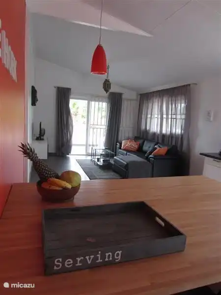 The living room and dining area