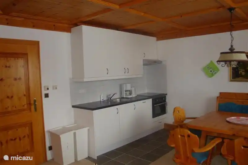 Die Küche mit Kochfeld, Kombimagnetron, Geschirrspüler, Kühlschrank mit Gefrierfach und Kaffeemaschine