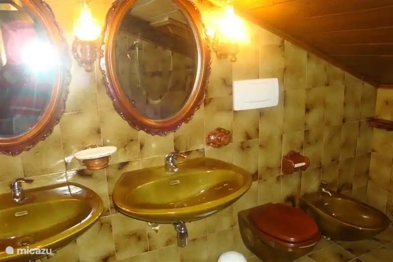 Ein Badezimmer in Östereichische Still mit Badewanne, Dusche, WC, Bidet und 2 Waschbecken.