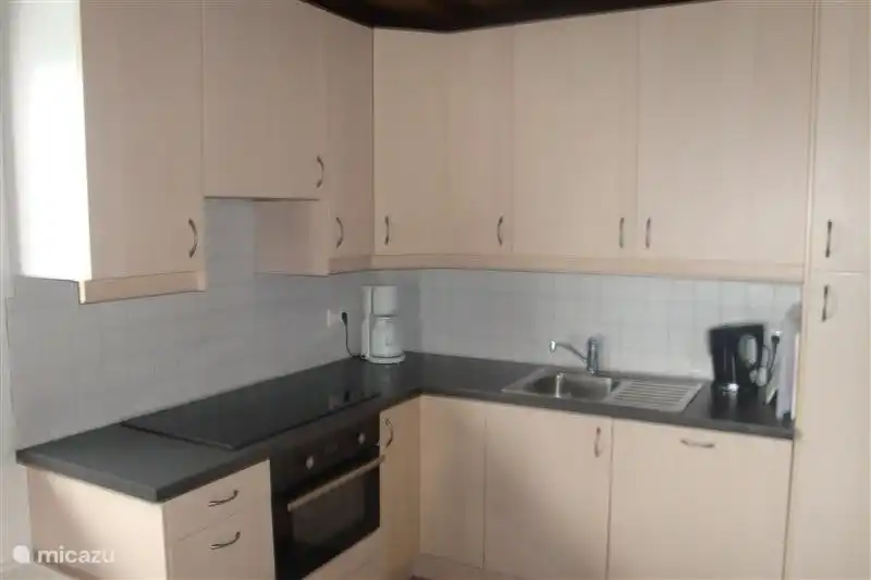 Die Küche mit großem Kochfeld, Kombimagnetron, Geschirrspüler, Kühlschrank mit Gefrierfach und Kaffeemaschine