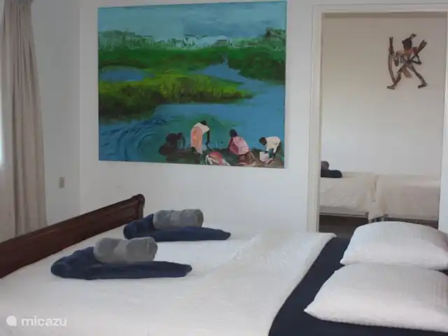 Location de Vacances Suriname, Commewijne, New Amsterdam, villa - Villa Nieuw, Amsterdam, Suriname  Lit double (180 x 200) avec vue sur le jardin et la forêt, où l'on entend parfois les singes hurleurs. Si vous le souhaitez, nous avons une couette d'été pour vous.