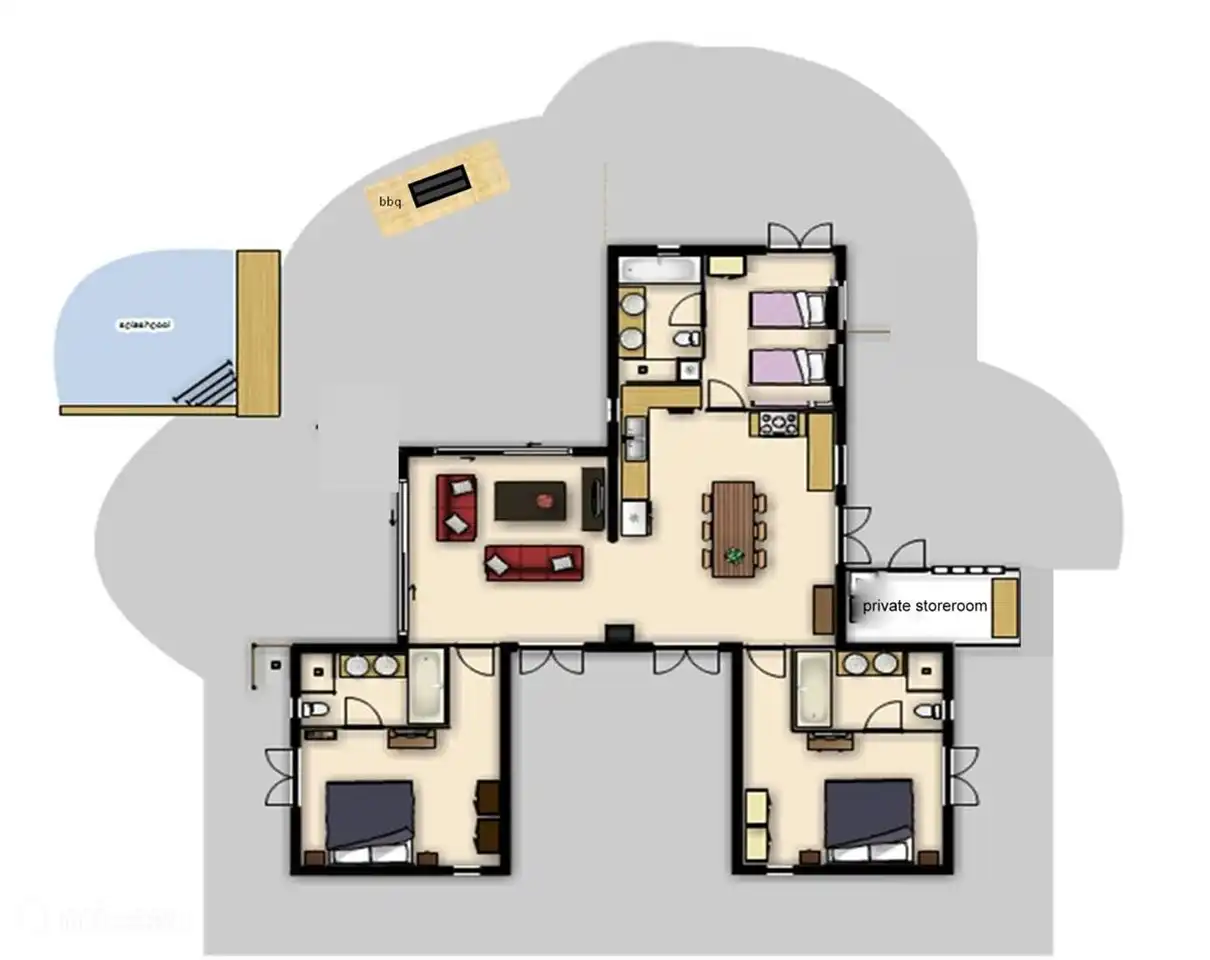 Grundriss des Hauses. Links Schlafzimmer 1 und Essterrasse, rechts Schlafzimmer 2 mit Zugang zur Küchenterrasse, im Obergeschoss Schlafzimmer 3 mit der halbprivaten Terrasse.  