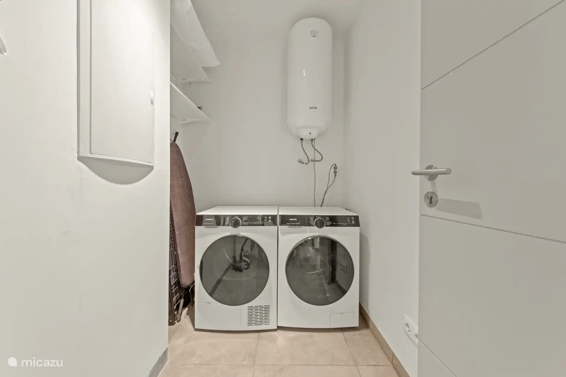 Pantry, with washing machine, dryer, drying rack, ironing board, iron and vacuum cleaner