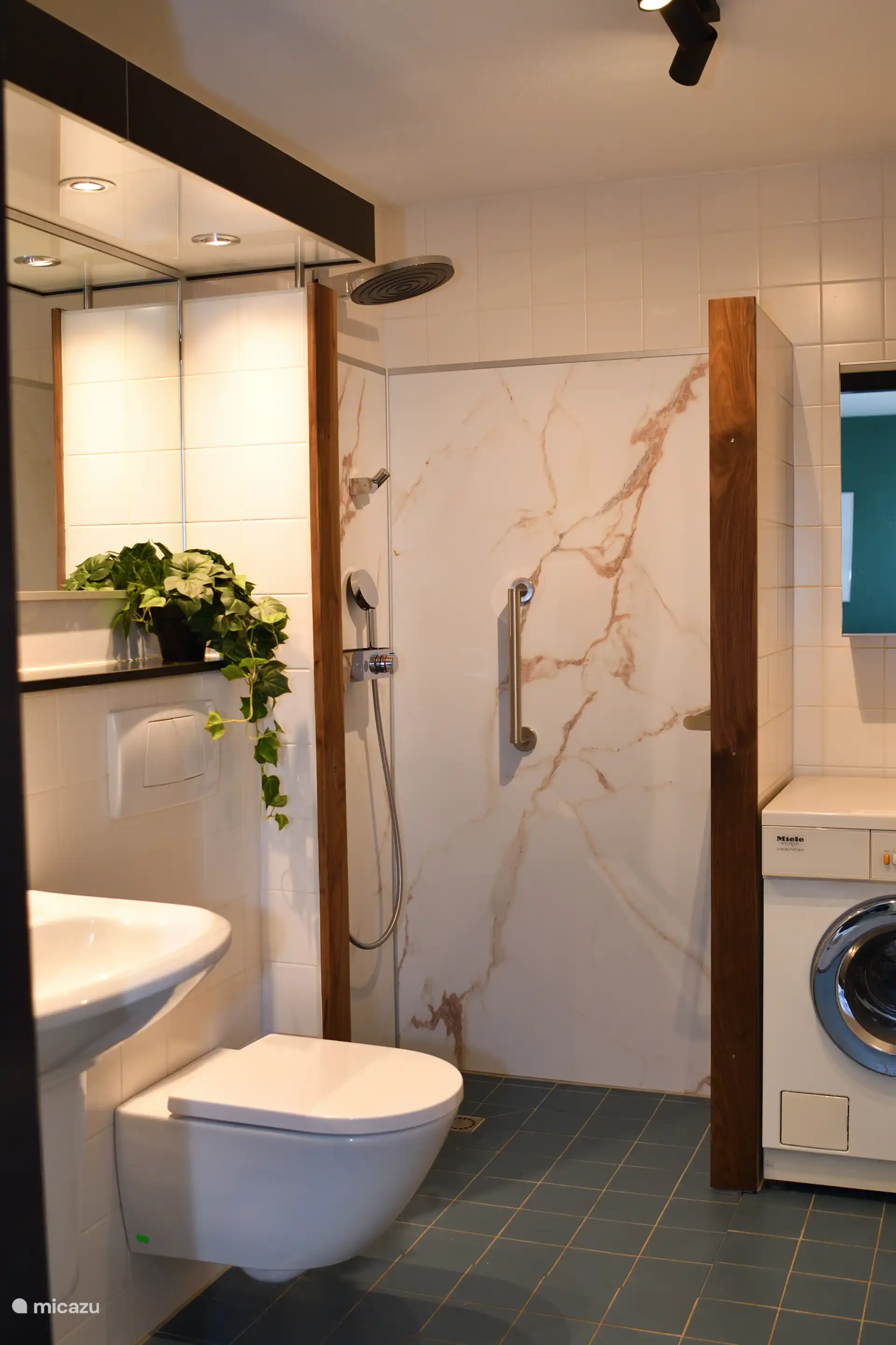 Luxe badkamer, met grote regendouche. Tevens is hier de gelegenheid om een wasje te draaien. 